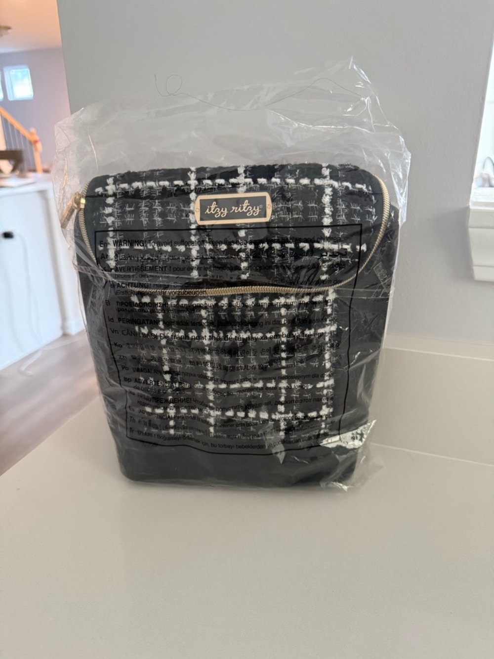 Itzy Ritzy Black & White Tweed Men’s Backpack with Gold Accents